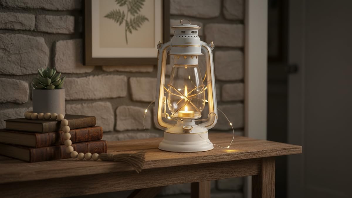 Lanterna furacão estilo vintage, metal laranja com vidro, suporte